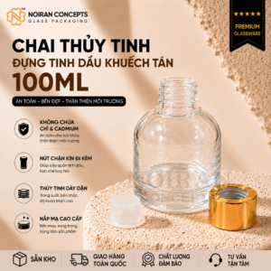 Chai thủy tinh đựng tinh dầu khuếch tán 100ml Noiran Concepts bằng thủy tinh dày, đi kèm nắp nhựa mạ và nút chặn kín.