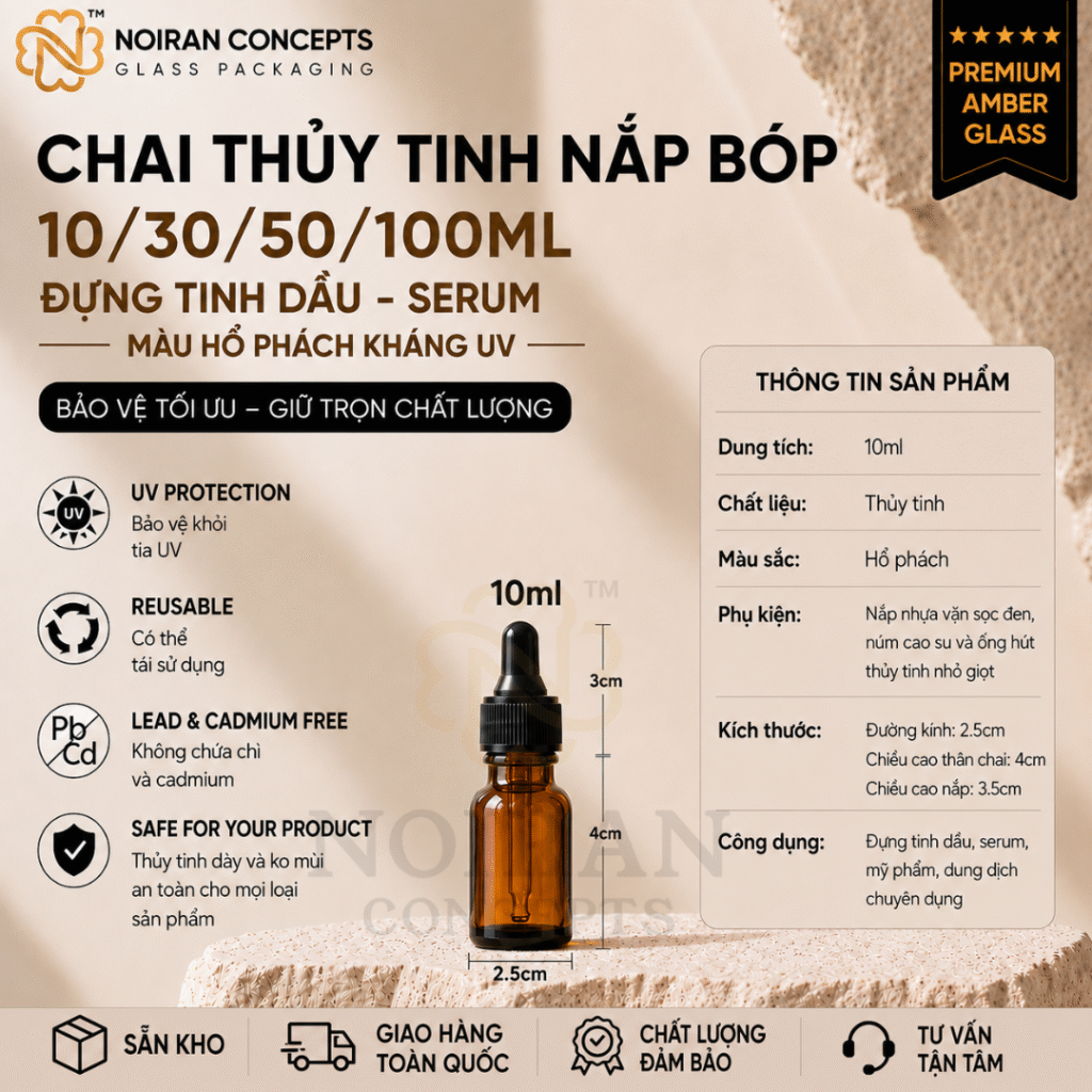 Chai thủy tinh nâu nắp bóp đựng tinh dầu serum 10ml giảm tác động của tia UV tại Noiran Concepts