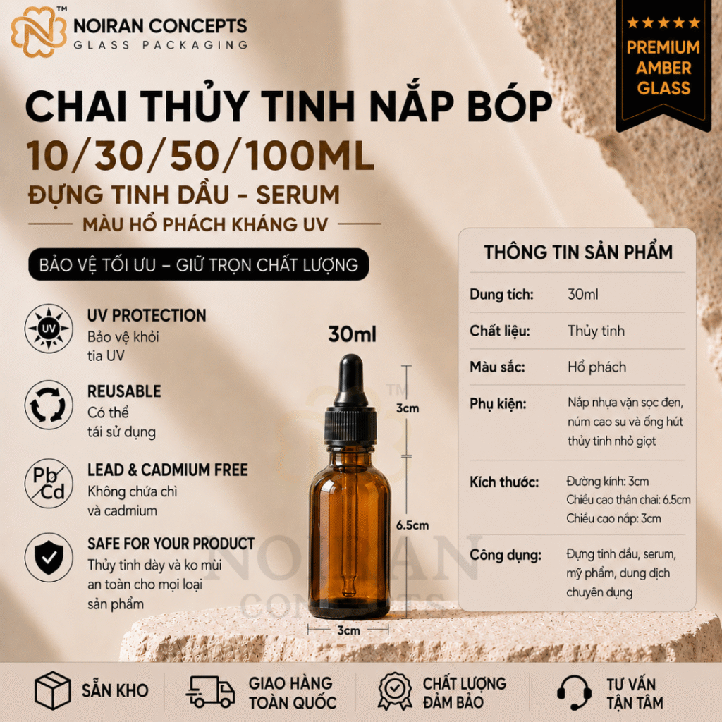 Kích thước và thông tin của chai thủy tinh nâu nắp bóp giọt 30ml đựng tinh dầu serum chống tia UV tại Noiran Concepts