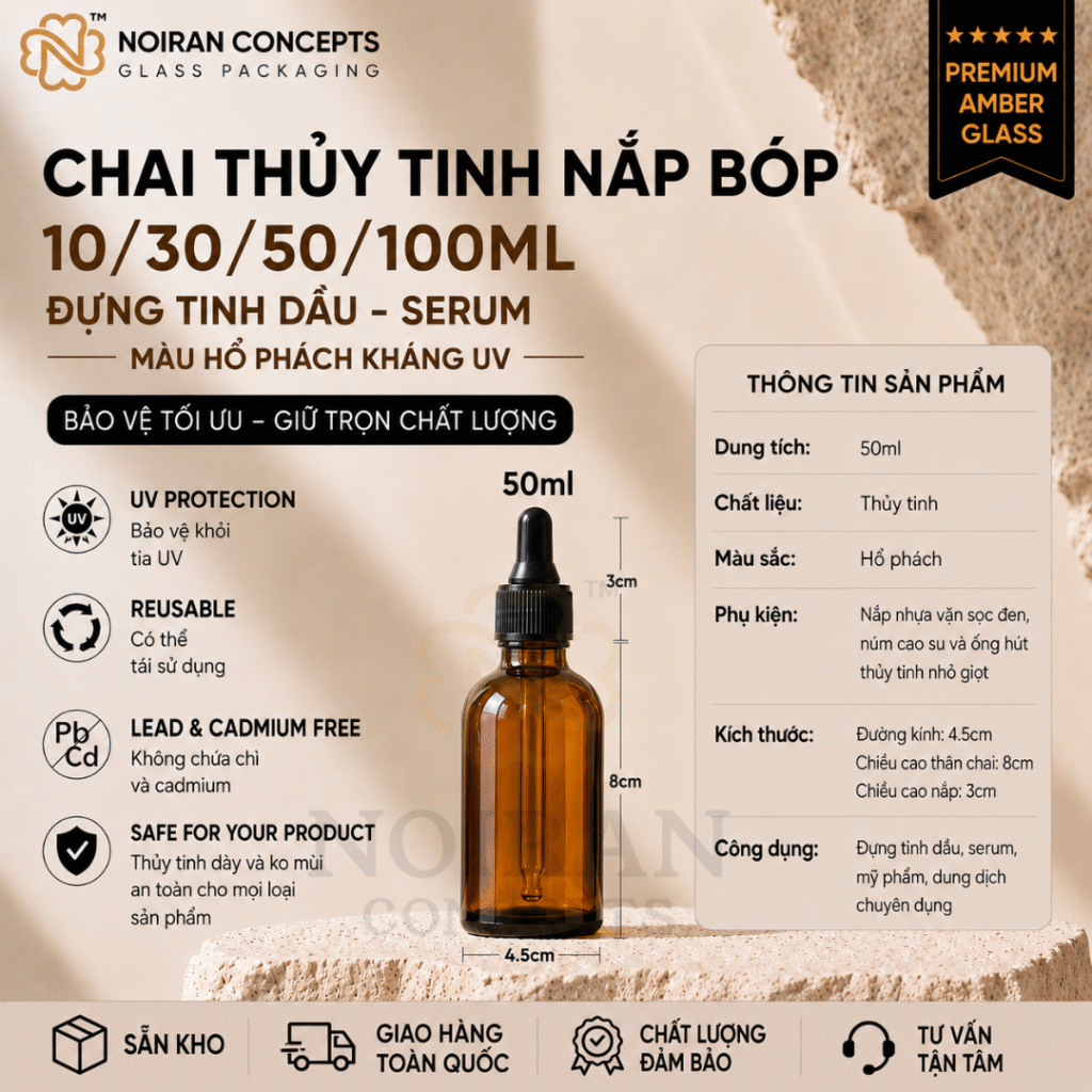 Chai thủy tinh nâu hổ phách nắp bóp 50ml chống tia UV tại Noiran Concepts chuyên dùng để đựng dầu dưỡng, tinh dầu