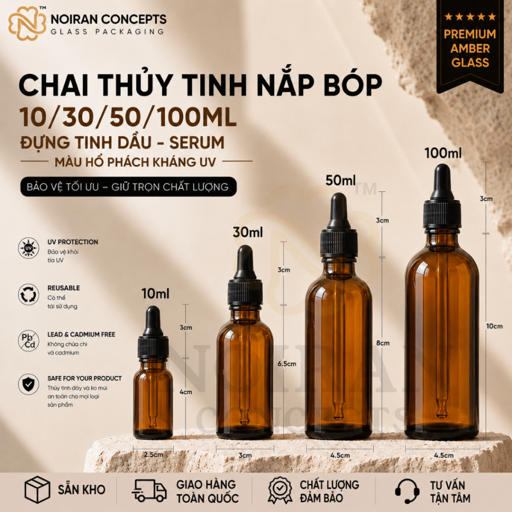Bảng kích thước chai thủy tinh nâu nắp bóp đựng tinh dầu serum dầu dưỡng 5ml 10ml 30ml 50ml 100ml chống tia UV tại Noiran Concepts