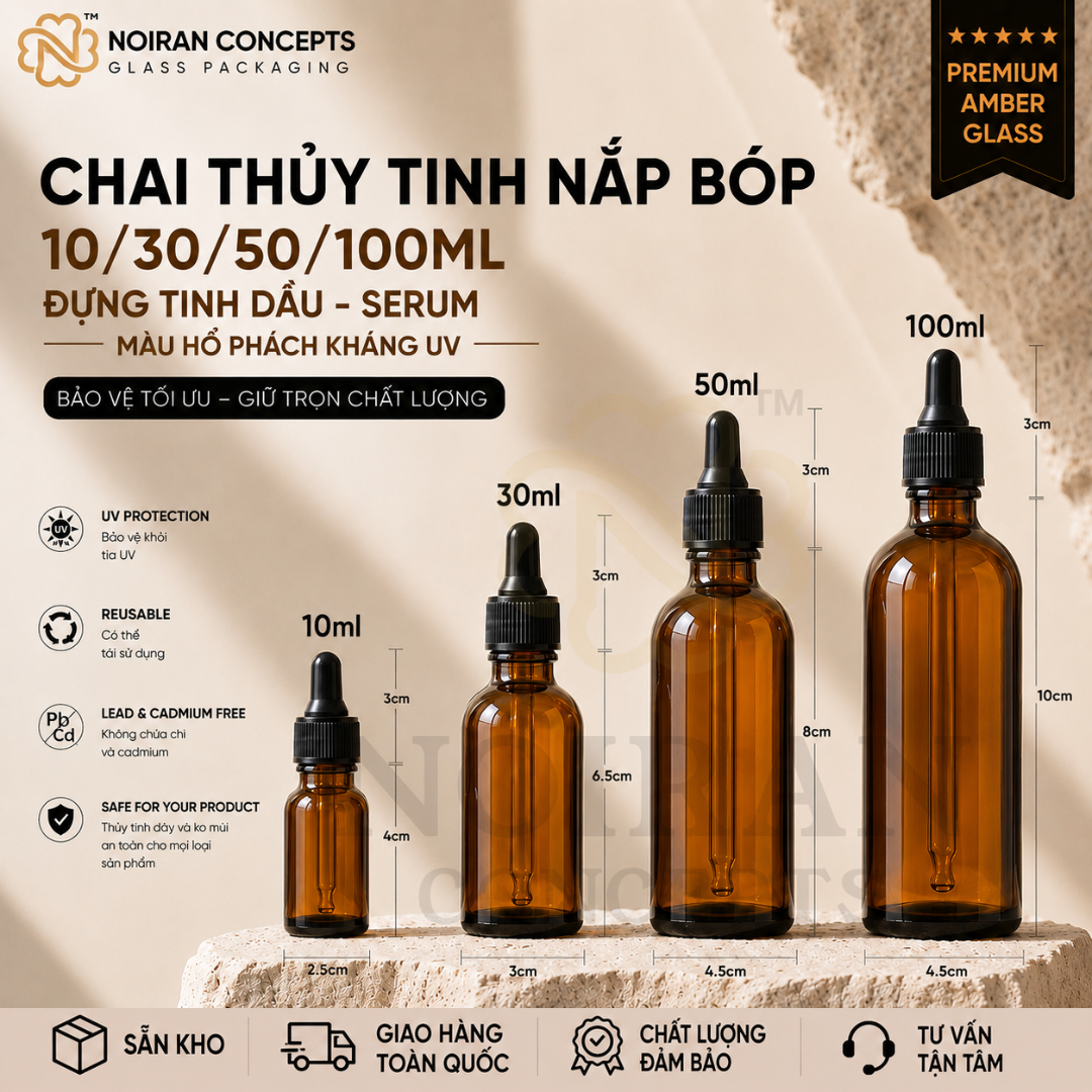 Chai thủy tinh nâu đựng tinh dầu serum nắp bóp 5ml 10ml 30ml 50ml 100ml Noiran Concepts