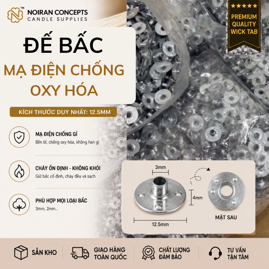 Đế bấc làm nến 12.5mm Noiran Concepts kích thước tiêu chuẩn, đường kính 12.5mm, lỗ giữ bấc 3mm.