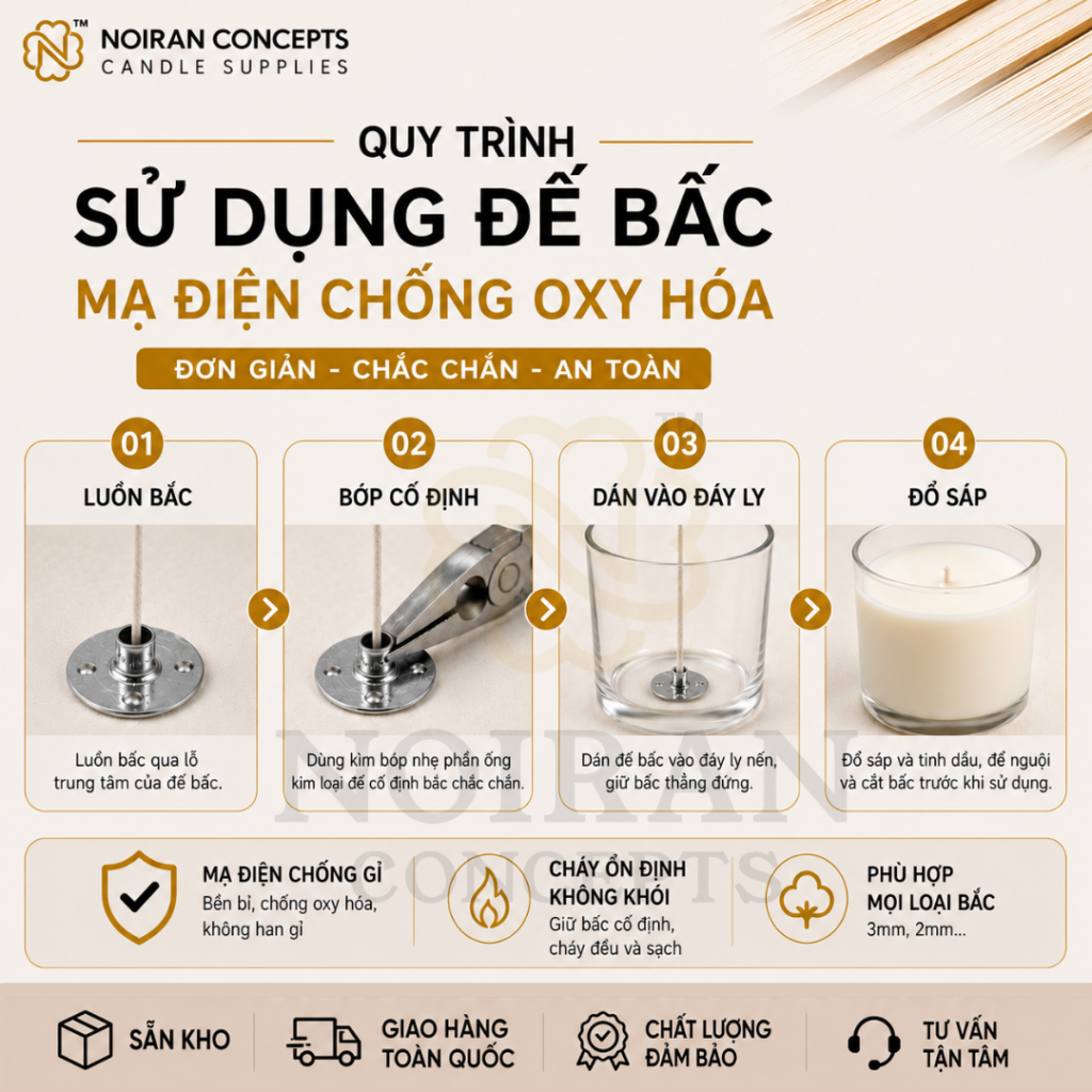Hướng dẫn sử dụng đế bấc làm nến 12.5mm mạ điện chống oxy hóa Noiran Concepts, bề mặt hoàn thiện chắc chắn và bền đẹp.