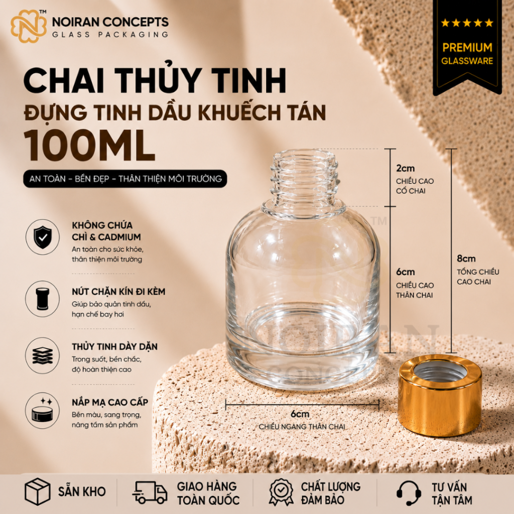Kích thước chai thủy tinh đựng tinh dầu khuếch tán 100ml Noiran Concepts cao 8cm, đường kính thân 6cm.