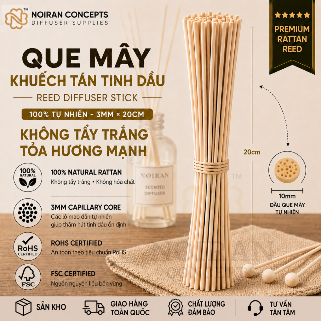 Que mây khuếch tán tinh dầu 3mm x 20cm Noiran Concepts kích thước tiêu chuẩn từ 100% mây tự nhiên.