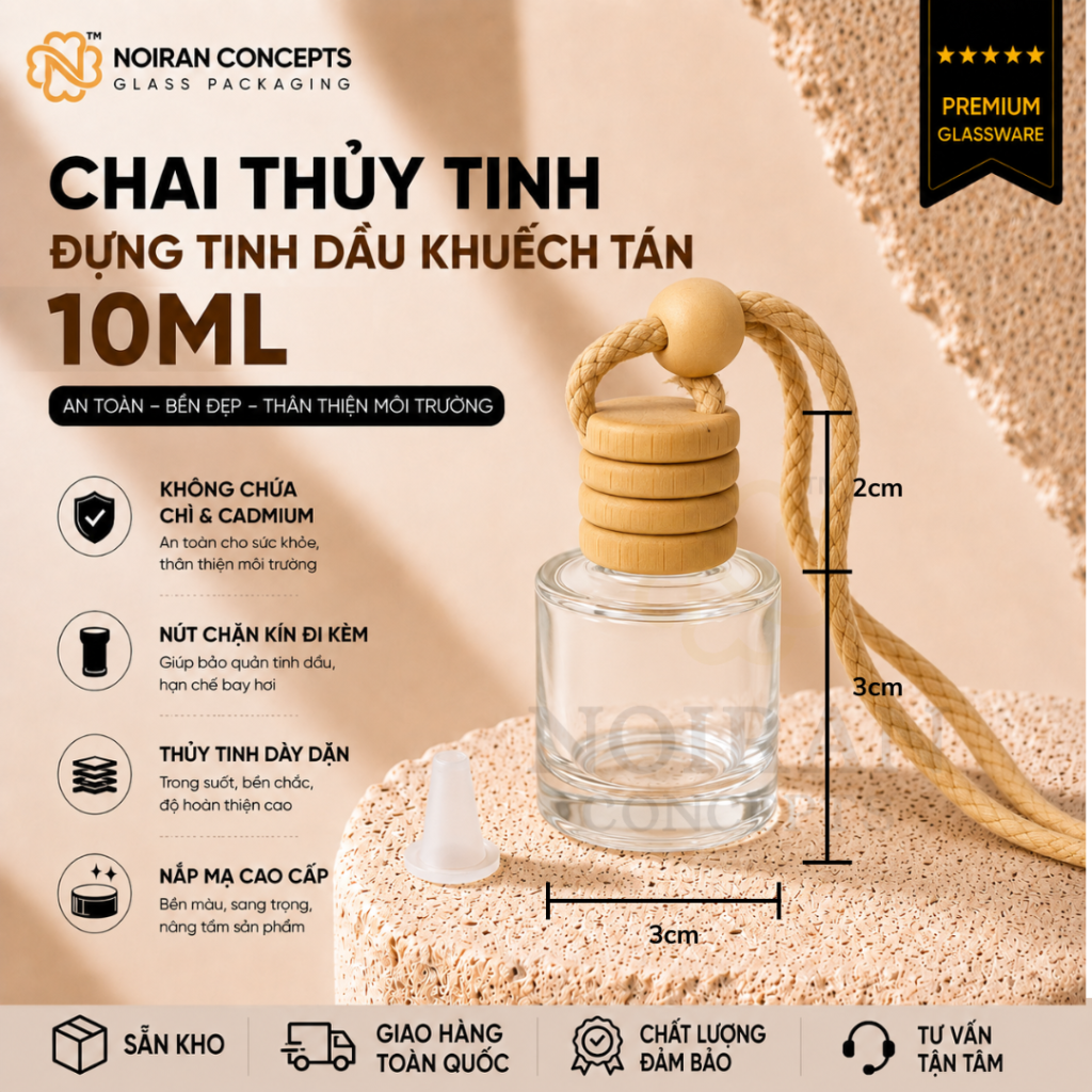 Vỏ lọ đựng tinh dầu treo xe 10ml Noiran Concepts kích thước tiêu chuẩn với thân chai 3cm và nắp gỗ tự nhiên.