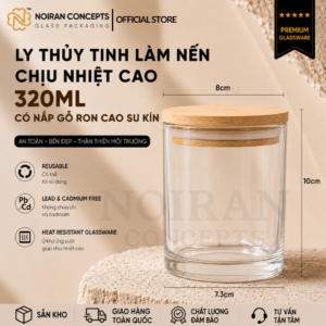 Kích thước ly thủy tinh làm nến 320ml có nắp gỗ Noiran Concepts đường kính 8cm cao 10cm