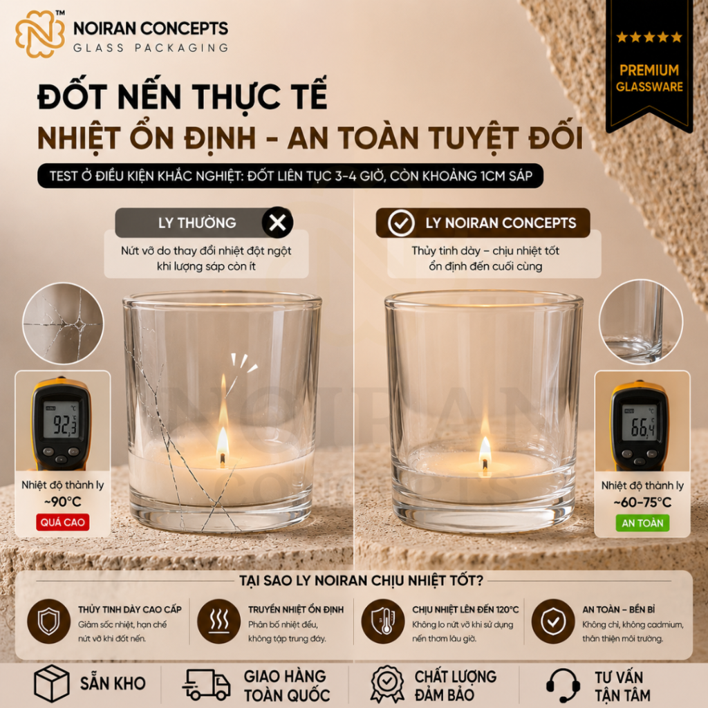 Ly thủy tinh làm nến 320ml chịu nhiệt cao có nắp gỗ tự nhiên Noiran Concepts