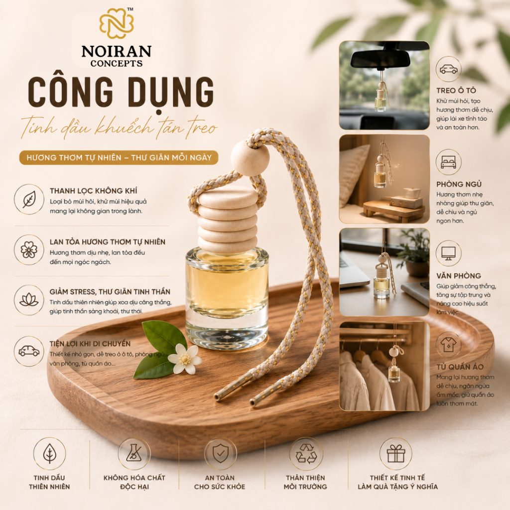 Tinh dầu treo xe từ tinh dầu thiên nhiên Noiran Concepts giúp tạo hương thơm tự nhiên cho ô tô và hỗ trợ mang lại cảm giác dễ chịu khi lái xe.