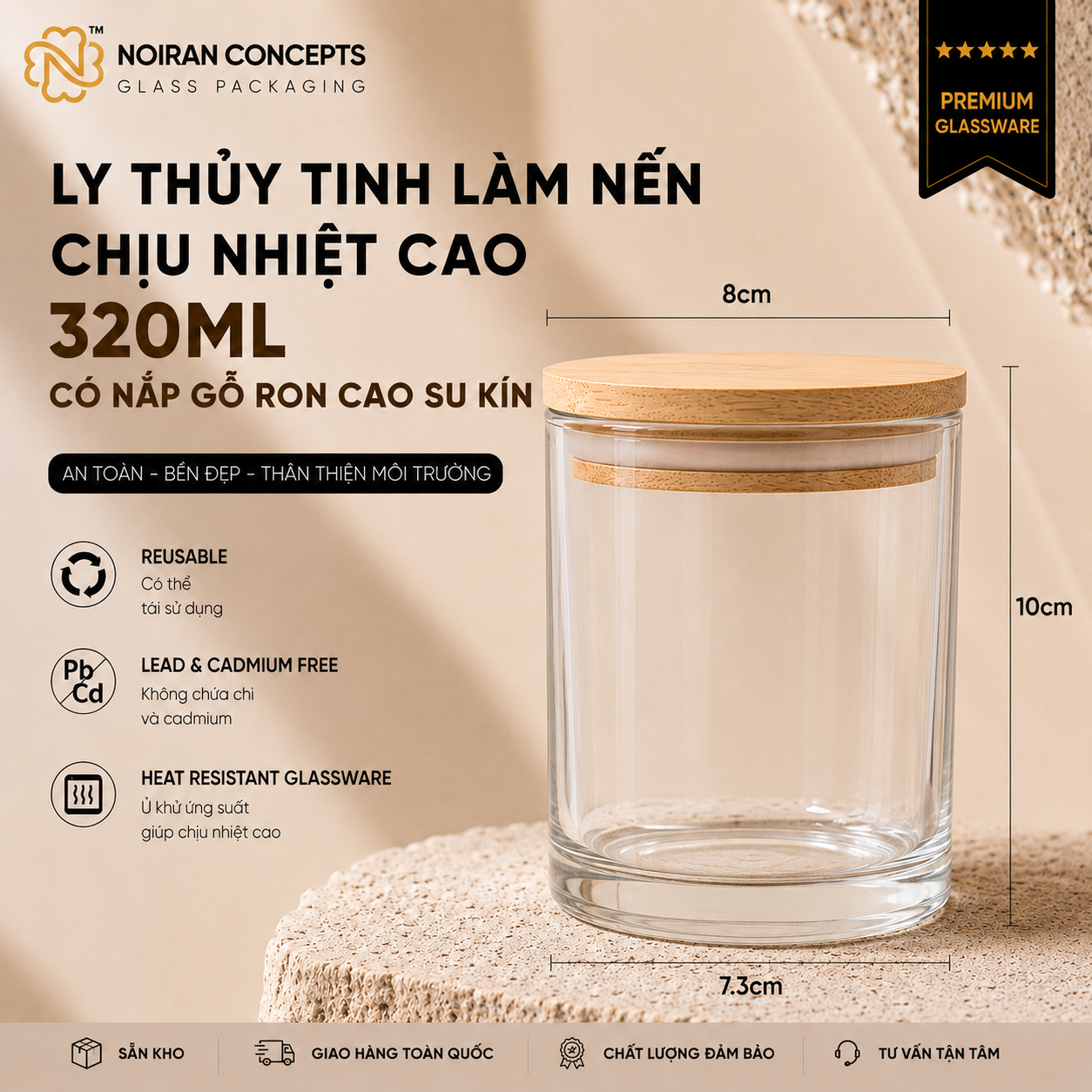 Ly thủy tinh làm nến 320ml nắp gỗ ron cao su kín Noiran Concepts